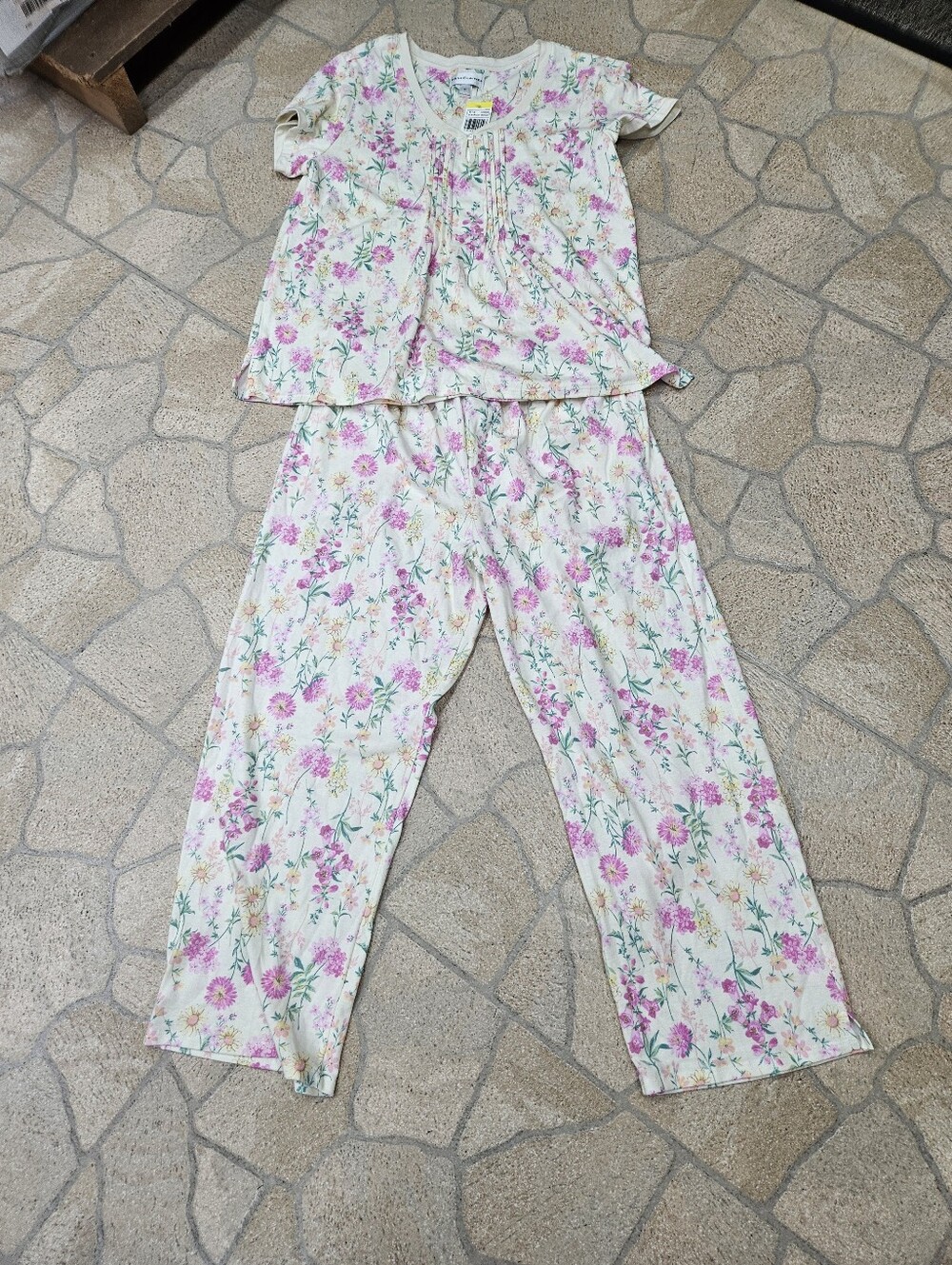 Miss Elaine Cream Floral Sleep Set with Pink & Green Blooms